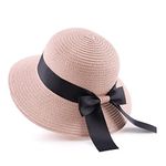 Girl Summer Straw Hat Girls Bowknot Girls Beach Caps Wide Brim Foldable Sun Hats (Pink, Child)