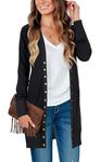 KAY SINN Long Cardigan Sweaters for Women Open Front Snap Button Knit Ribbed Cardigans Outfits, 01-black-15, Large