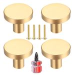 Yibaijia 4 Pcs Round Cabinet Knobs, Gold Brass Drawer Knobs, Door Kitchen Hardware Cupboard Knobs, Stainless Steel Single Hole Handle with Screws for Home Decorating, Cupboard, Wardrobe (20mm*25mm)