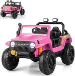 GYMAX Kids Ride on Car, 12V Battery Powered Car with Remote Control, Lights, Music, Horn, Storage Box, Safety Belt & Slow Start, Children Electric Truck for 3 Years Old +, Max Weight 100kg (Pink)