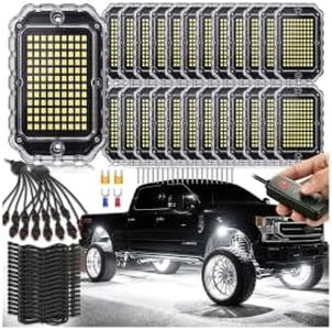 ZONECONA 108Chips Pure White LED Rock Lights Kit Plug-Play 6500K 12V 24Pods | Ultra-Bright Pre Wired Aluminum Housing with Switch Fuse Harness Wiring Extension*16 Waterproof for Truck Pickup Jeep Offroad