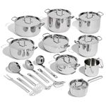 Lagostina Sfiziosa, 24 pc Cookware Set, Stainless Steel Pots and Pans, 3 stockpots, 3 stew pots, 1 Saute pan, 1 Saucepan, 1 Milk Pot, Eight lids, Seven Utensils, Induction Safe, Oven Safe 400°F