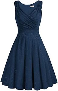Vintage rétro Audrey Hepburn Robe de Soirée Cocktail au Genou Col V année 50 Rockabilly Bleu Marine L -9