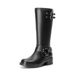 DREAM PAIRS Women's Knee High Boots Side Zipper Motorcycle Boots Square Toe Chunky Low Heel Fashion Buckles Biker Riding Boots,Size 7,BLACK-PU,SDKB2412W