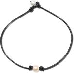 Leather Pearl Necklace Rope Jewelry - Elegant Delicate Black One Genuine Real Statement White Pearl Beads Knotted Leather Collar Choker Necklace Anniversary Single Knotted Jewelry for Women 15 inch