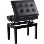 GRANDMA SHARK Piano Stool, Dressing Table Stool, Height Adjustable, Single Seat Keyboard Bench with Storage Compartment, Soft Faux Leather Padded Seat (Black Button)