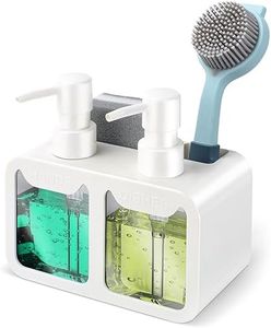 Kitchen Hand Soap and Dish Soap Dispenser Set, Dual Soap Dispenser with Sponge Caddy and Brush Holder 4-in-1 Organizer for Kitchen Sink Countertop, Useful Kitchen Gadgets - White