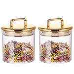 2 Pack 16 oz Small Acrylic Storage Apothecary Jar with Gold Airtight Lid | Bathroom Vanity Organizer Containers | Ideal Decorative Canisters for Shells, Bath Salt, Cotton Swabs, Cotton Ball