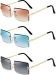 Weewooday 3 Pairs Rimless Rectangle Sunglasses Tinted Frameless Eyewear Vintage Transparent Rectangle Y2K Glasses for Women Men (Grey, Tea and Blue)