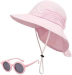 WINZIK Baby Wide Brim Sun Hats with Sunglasses Toddler Boys Girls UPF 50+ Chin Adjustable Beach Caps with Neck Flap, Pink, 3-24 Months