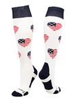 MadSportsStuff Love USA American Flag Heart Socks Over The Calf (White/Navy/Red, Small)