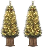 GAOMON 4.5ft Christmas Tree 2 Set with 100 Warm White Led Lights, Pre-Lit Snow Flocked Christmas Tree with Vintage Potted Base, Holiday Xmas Tree with Red Berries, Decoration for Home, Entrances