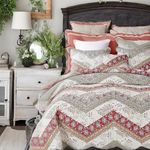 DaDalogy Bedding 9-Pieces Floral Bed in a Bag Set - Rustic Cranberry Red Sage Green Chevron Bohemian Bedspread Fitted & Flat Sheets Set w/Throw Euro Sham Pillow Covers & Window Curtain Valance - Twin