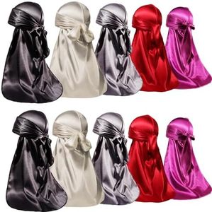 10 Pieces Silky Durag for Men, Silky Do Rags for men, Satin Durags for Waves, Silk Durag Dorag with Long Tail, 5 Colors