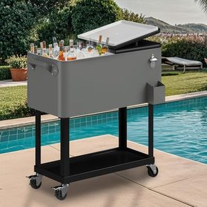 DWVO Ice Chest with Wheels,80 Quart Rolling Cooler with Bottle Opener Drainage, Patio Cooler Cart, Rolling Ice Chest with Handle for Patio Pool Deck Party BBQ Cookouts(Grey)