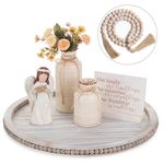 Hanobe Large Round Decorative Beaded Tray: 18" Wood Coffee Table Tray with Beaded Garland Decor Set Rustic White Washed Wooden Farmhouse Tray Decor for Counter Ottoman Centerpiece Candle Holder
