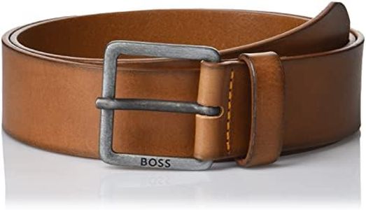 Hugo Boss Men's Smooth Leather Belt with Logo on Buckle, Natural Medium Brown, 34