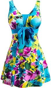 wantdo Women's One Piece Swimsuit Bathing Suits Modest Swimming Dress Lake blue Flower 26W-28W