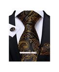 DiBanGu Silk Black Gold Paisley Necktie and Pocket Square Cufflinks Tie Clip Set for Men Formal Wedding