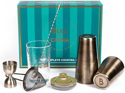 Shaken & Stirred Cocktail Set by Bull in China - Premium Bartender Gift Set w/ 2 Piece Weighted Shaker, Hammered Jigger, Hawthorne Strainer, Fine Mesh Strainer, Mixing Glass & Barspoon (Antique Brass)