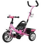 Spielwerk® Children's Safety Tricycle with Belt | Removable Steerable Push Bar | Adjustable Footrest | Detachable Basket | Kids Trike Bike Stroller Children Toddlers Baby Pink