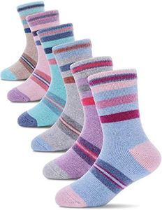 ProEtrade Merino Wool Socks for Kids Toddlers Boys Girls Thick Warm Winter Hiking Heavy Thermal Cozy Crew Boot Unicorn Gift Socks 6 Pack（Striped B，8-12 Y）