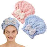 2 PCS Absorbent Hair Towel Wrap for Wet Hair, 2026 New Cute Bow Design Microfiber Hairs Towel, Dry Quick Hairs Turban Wrap for Home and Travel, Soft and Lightweight Shower Caps Women (Pink and Blue)