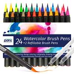 QBIX Watercolour Brush Pens, Brush Pen Set with 24 Colours, 2 Empty Pens and 16 Watercolour Paper Sheets – Ideal Coloured Pens for Hand Lettering and Calligraphy – Paint Markers for Colouring