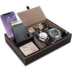 Belle Vous Brown Faux Leather 5 Compartment Valet Dresser/Nightstand Organiser Tray - Desk Storage Box For Wallet, Phone, Keys, Jewellery, Men's Accessories, Money, Cufflinks- Catchall Box for Bedside