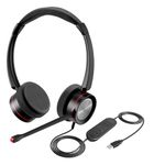 USB Conference Headset with Microphone Dual Ear Skype Headphones Computer PC Chat Headsets with Speech Recognition Dragon for Softphones Rosetta Stone Online Classes Webinar Microsoft Teams Gaming