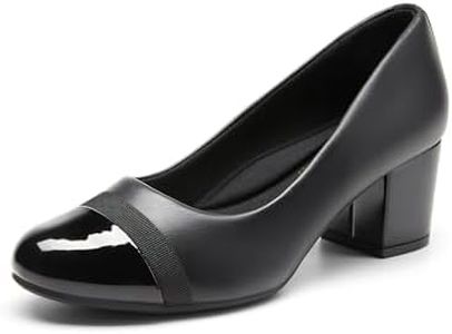 DREAM PAIRS Women's Pumps Low Chunky Block Heel Dress Shoes Closed Round Toe Comfortable Heels,Size 9W,Black-Pat,SDPU24031W-W