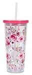 Steel Mill & Co 24 Ounce Tumbler with Lid and Reusable Straw, Floral Double Wall Insulated Travel Cup, Pink Rose