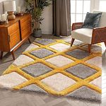 ASAD CARPETS 3D Design Handwoven Anti Skid Shag Rugs High Pile Luxury Carpets for Home Large Size 9x12 Feet Color Silver Yellow Ivory