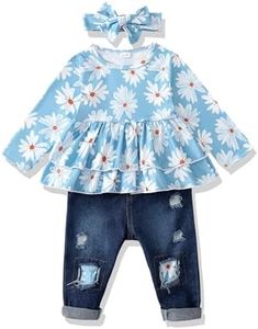 SODLON Baby Girl Clothes 9-12 Months Infant Winter Clothing 9 Months Girls Clothes Fall 12 Month Girl Clothes Blue Daisy Top Denim Pants Jeans Outfits