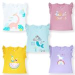 YUV Infant Baby Girls 100% Regular Fit Printed Tshirts (Pack Of 5) - 12 To 18 Months,Assorted