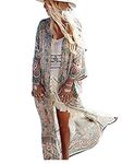 Eddoyee Flower Print Long Kimono Swimsuit Cover Ups for Women 3/4 Sleeve Open Front Beach Cardigan