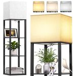 CNXIN 4 Tier Shelf Floor Lamp with Large Size, Floor Lamp with Shelves with 3 Color Temperature, Modern Wood Storage Display Standing Lamp with Linen Shade for Living Room, Bedroom, Office(Black)