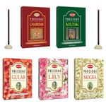 HEM Precious 5 Variant Assorted Incense Dhoop Sticks Set (5 Packets of 60g Each) | Fragrances - Chandan, Gulab, Mogra, Lily & Musk | Pooja Room Items | Burning Time: 25-30 min | Approx 55 Sticks