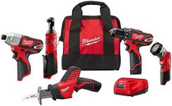 Milwaukee 2498-25 M12 12V Cordless 5-Tool Combo Kit: 2407-20 3/8 in. Drill/Driver + 2462-20 1/4 in. Hex Impact Driver + 2420-20 Hackzall Recip Saw + 2457-20 3/8 in. Ratchet + 49-24-0146 LED Worklight