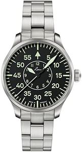 Laco Pilot Watch, Automatic Watch, Stainless Steel Case, Sapphire Glass, 5 Bar, Made in Germany, Basis Aachen - silver stainless steel strap, black dial, Damen, Bracelet