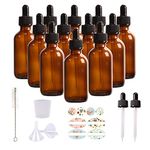 HWASHIN 12 Pack 2oz Amber Glass Bottles with Glass Eye Droppers for Essential Oils, Perfumes & Lab Chemicals (1 Brush, 2 Funnels, 2 Extra Droppers, 24 Pieces Labels & 30ml Measuring Cup Included)