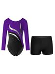 CHICTRY Kids Girls Sparkly Rhinestones Long Sleeve Gymnastics Leotard Ballet Dance Biketard Unitard with Athletic Shorts Set Purple&Black 9-10 Years