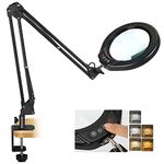 VEEMAGNI 5 Inch Large Magnifying Glass with Light and Stand, 5 Color Modes Stepless Dimmable, Long Swivel Arm LED Clamp Desk Lamp, Hands Free 10X Lighted Magnifier for Close Work Craft Hobby Soldering