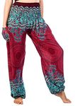 Lofbaz Harem Pants for Women Hippie Boho Festival Clothing - Bohemian Trousers for Yoga Beach Summer - Smocked Waist with Pockets - Rose 1 Burgundy XXL Plus