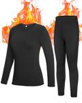 Roadbox Thermal Underwear Base Layers for Women - Fleece Lined Crew Neck Long Johns Warm Tops & Bootoms Sets Skiing Winter Black