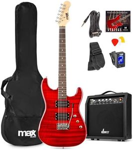Max GigKit Beginner Electric Guitar Starter Kit - Quilt Top Full-Size 22 Fret Electric Guitar, 40W Amplifier, Accessories & Online Lessons Included - Dark Red Finish