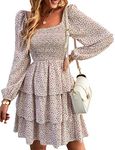 BTFBM Women 2023 Spring Summer Square Neck Smocked Dresses Long Sleeve Floral Swiss Dot Ruffle Party Mini Babydoll Dress, Floral White Red, Medium