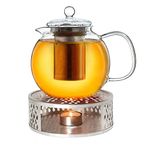 Creano Glass Teapot 1300ml with Warmer - Stovetop Safe Tea Kettle with Stainless Steel Infuser and Glass Lid, Ideal for Preparing Loose Teas - Drip Free