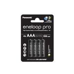 eneloop Pro, AAA/Micro, Rechargeable Battery, Pack of 4, Capacity of 930 mAh, Ready-to-Use Ni-MH Batteries, 500 Recharge Cycles, Plastic Free Packaging, Pro, Black