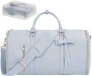 Garment Bags for Travel, Convertible Suit Travel Bag for Women, Stylish Carry On Garment Bag with Toiletry Pocket, Shoulder Strap and Shoes Compartment, 2 in 1 Foldable PU Leather Duffle Bag, Blue